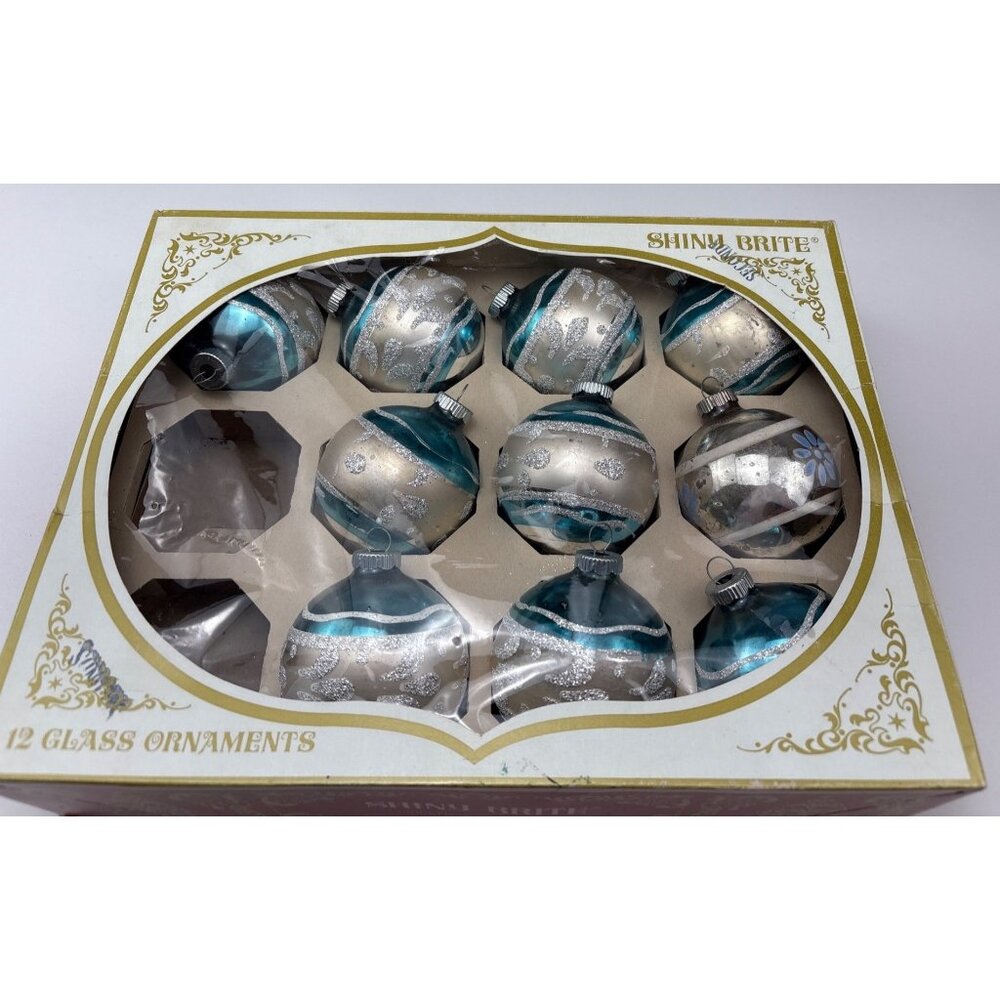 Shiny Brite Vintage Glass Ornaments Teal & Silver Glitter 10-Piece Set Christmas - Picture 8 of 14